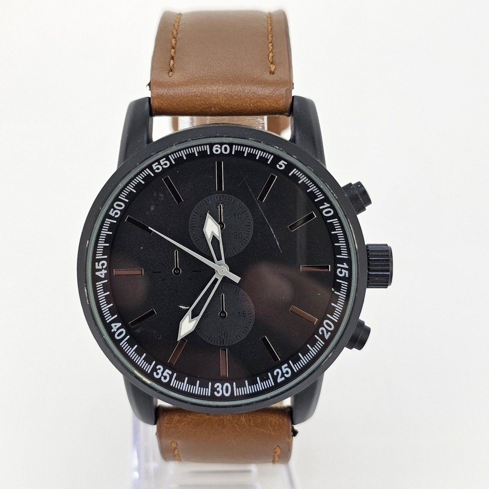 Men's Watch 44MM Case‎ Black Dial Brown Leather Band Straps New Battery